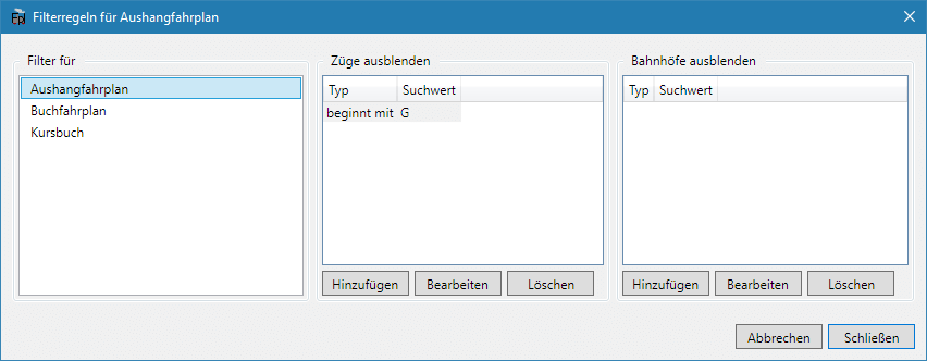 Filterregeln zum Ausblenden im Aushangfahrplan