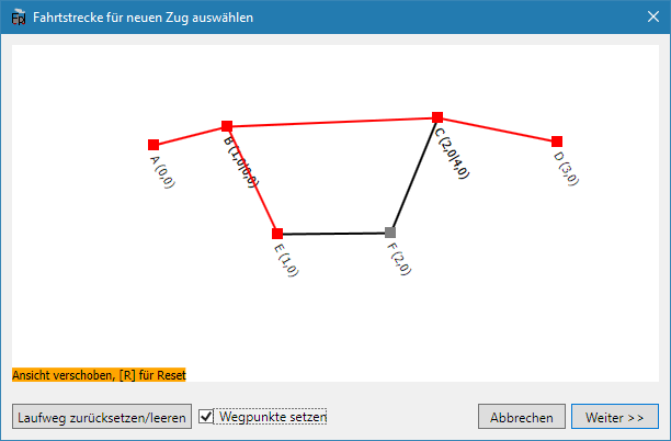 Der erste Wegpunkt wurde gesetzt und führt zu einer Strecke die Bahnhof B zwei mal durchfährt