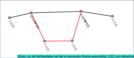 Auswahl der zweiten Station zum Trennen der Strecke E ­– F